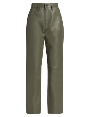 Zara Real Leather Olive Green High-Waist Leather Trousers